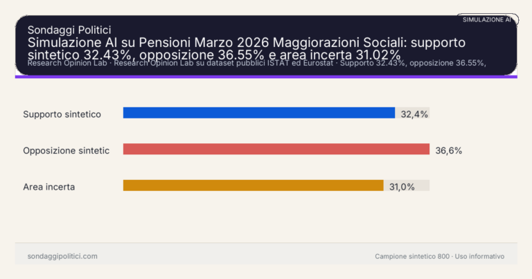 Immagine di anteprima per Simulazione AI su Pensioni Marzo 2026 Maggiorazioni Sociali: supporto sintetico 32.43%, opposizione 36.55% e area incerta 31.02%