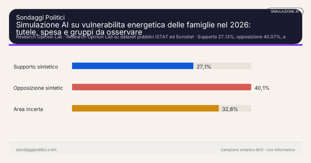Visual simulazione AI Research Opinion Lab Supporto 27.13%, opposizione 40.07%, area incerta 32.8%: Simulazione AI su vulnerabilita energetica delle famiglie nel 2026: tutele, spesa e gruppi da osservare. Risultati: Supporto sintetico 27,1%, Opposizione sintetica 40,1%, Area incerta 32,8%. Simulazione AI research-only: il grafico riassume un campione sintetico e non una rilevazione demoscopica.