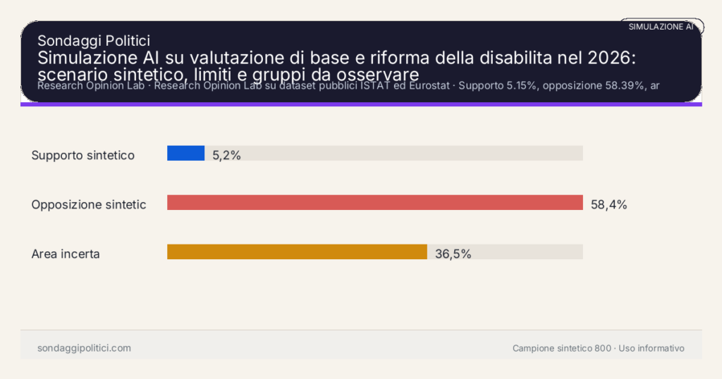 Visual simulazione AI Research Opinion Lab Supporto 5.15%, opposizione 58.39%, area incerta 36.46%: Simulazione AI su valutazione di base e riforma della disabilita nel 2026: scenario sintetico, limiti e gruppi da osservare. Risultati: Supporto sintetico 5,2%, Opposizione sintetica 58,4%, Area incerta 36,5%. Simulazione AI research-only: il grafico riassume un campione sintetico e non una rilevazione demoscopica.