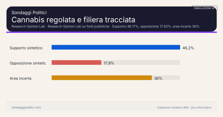 Immagine di anteprima per Simulazione AI su cannabis regolata, tracciabilità e lotta al mercato nero: supporto sintetico 46.17%, opposizione 17.83% e area incerta 36%