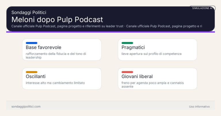 Immagine di anteprima per Simulazione AI: dopo l’intervista a Pulp Podcast l’approvazione di Meloni tende a salire, restare stabile o restringersi?