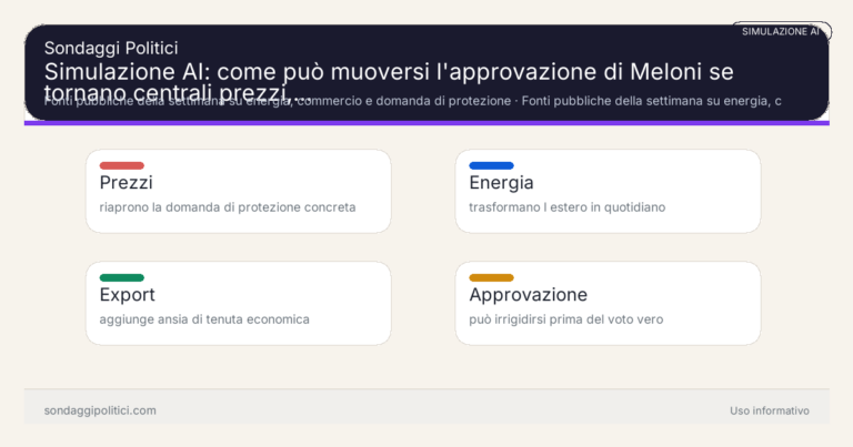 Immagine di anteprima per Simulazione AI: come può muoversi l’approvazione di Meloni se tornano centrali prezzi, energia ed export