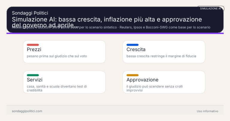 Immagine di anteprima per Simulazione AI: bassa crescita, inflazione più alta e approvazione del governo ad aprile 2026