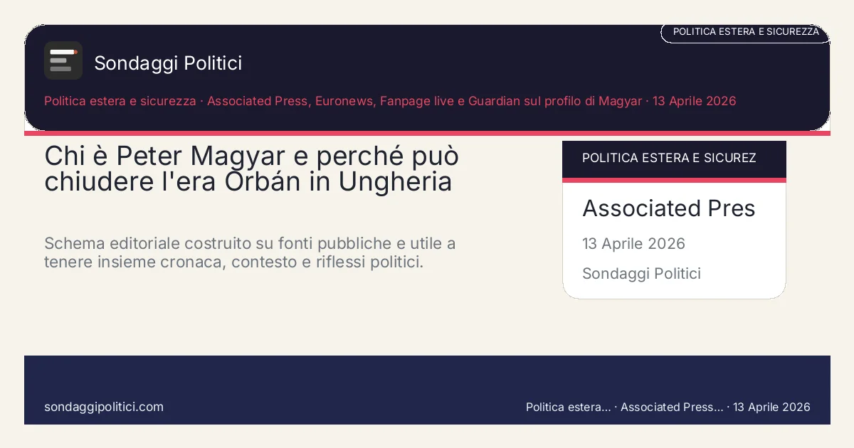 Card editoriale Associated Press, Euronews e Guardian sul profilo di Magyar Contesto, posta politica e riflessi per l'Italia: Chi è Peter Magyar e perché può chiudere l'era Orbán in Ungheria. Schema editoriale costruito su fonti pubbliche e utile a tenere insieme cronaca, contesto e riflessi politici.. Contenuto source-based: il dato parziale va sempre letto con prudenza finché lo scrutinio non si consolida.