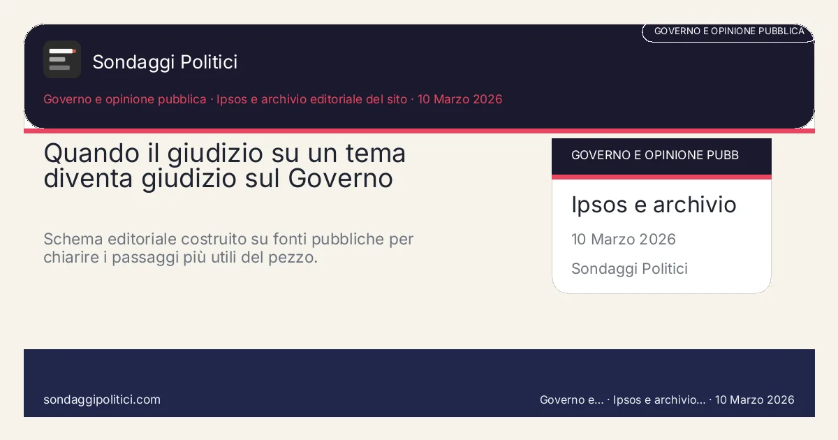 Card editoriale Ipsos e archivio editoriale del sito I 4 punti chiave del pezzo: Quando il giudizio su un tema diventa giudizio sul Governo. Schema editoriale costruito su fonti pubbliche per chiarire i passaggi più utili del pezzo.. Analisi editoriale: questo visual non rappresenta una rilevazione campionaria del sito.