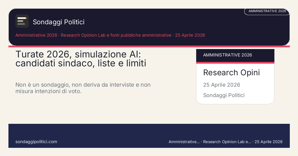 Card editoriale Research Opinion Lab e fonti pubbliche amministrative 2026 Valori prodotti dal Research Opinion Lab e da leggere come scenario editoriale.: Turate 2026, simulazione AI: candidati sindaco, liste e limiti. Non è un sondaggio, non deriva da interviste e non misura intenzioni di voto.. Scenario AI non demoscopico con revisione umana: usare come lettura di contesto, non come rilevazione.