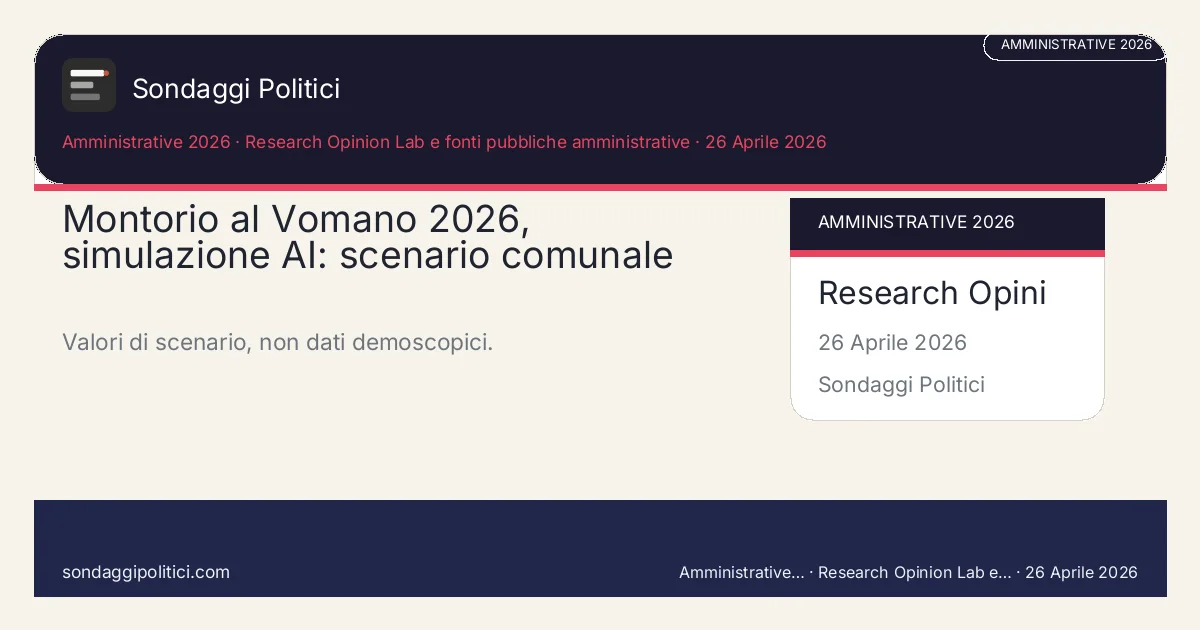 Card editoriale Research Opinion Lab e fonti pubbliche amministrative 2026 Valori prodotti dal Research Opinion Lab e da leggere come scenario editoriale.: Montorio al Vomano 2026, simulazione AI: scenario comunale e limiti. Valori di scenario, non dati demoscopici.. Scenario AI non demoscopico basato su fonti pubbliche e revisione umana; non è un sondaggio, non misura intenzioni di voto reali e non è una previsione elettorale.