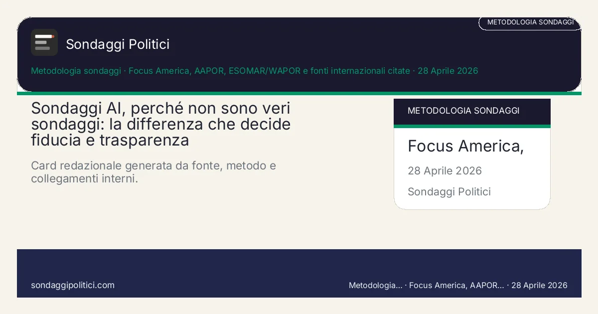 Card editoriale Focus America, AAPOR, ESOMAR/WAPOR e fonti internazionali citate Fonte, metodo e contesto dichiarati nel corpo dell'articolo.: Sondaggi AI, perché non sono veri sondaggi: la differenza che decide fiducia e trasparenza. Card redazionale generata da fonte, metodo e collegamenti interni.. Schema didattico editoriale: non rappresenta un sondaggio reale.