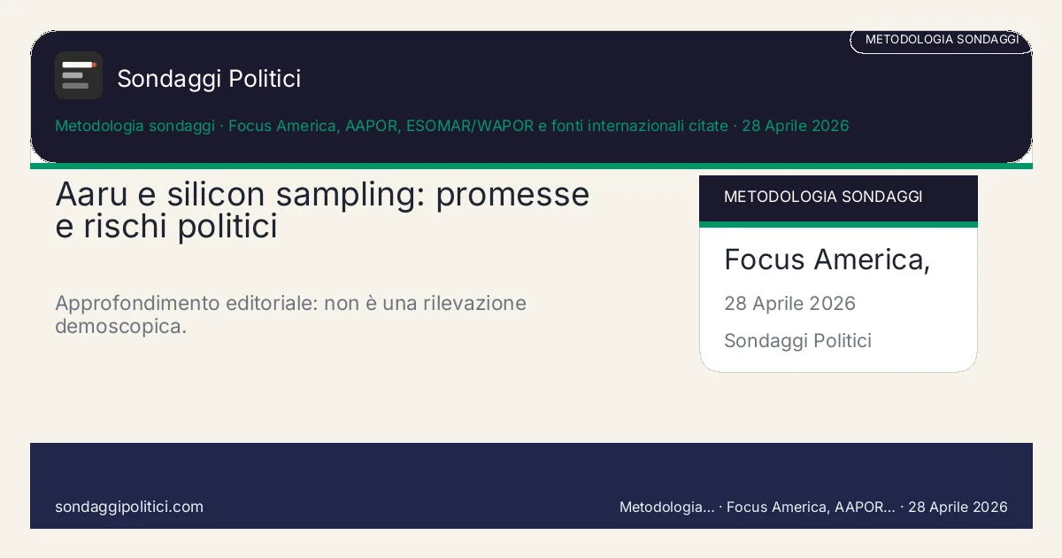 Card editoriale Focus America, AAPOR, ESOMAR/WAPOR e fonti internazionali citate Sondaggi AI, simulazioni e trasparenza: Aaru e silicon sampling: promesse e rischi politici. Approfondimento editoriale: non è una rilevazione demoscopica.. Le simulazioni AI non sostituiscono interviste, fieldwork e campioni reali.