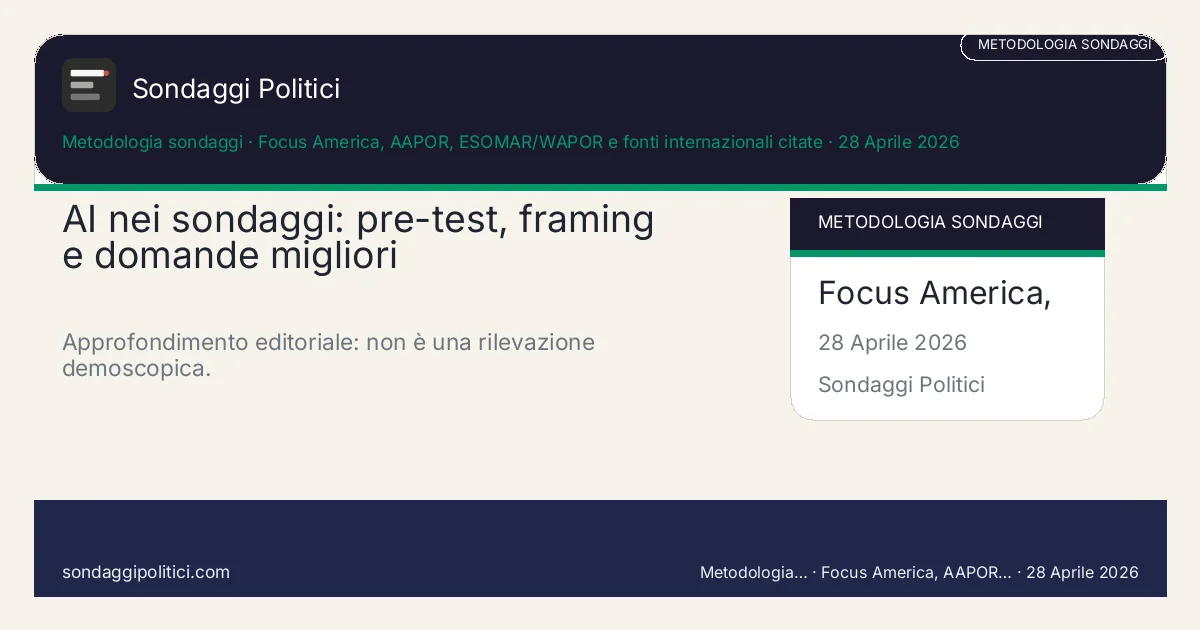 Card editoriale Focus America, AAPOR, ESOMAR/WAPOR e fonti internazionali citate Sondaggi AI, simulazioni e trasparenza: AI nei sondaggi: pre-test, framing e domande migliori. Approfondimento editoriale: non è una rilevazione demoscopica.. Le simulazioni AI non sostituiscono interviste, fieldwork e campioni reali.