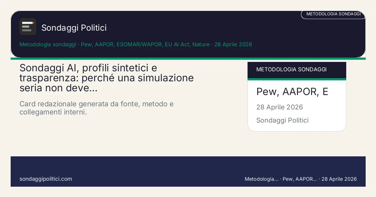 Card editoriale Pew, AAPOR, ESOMAR/WAPOR, EU AI Act, Nature Fonte, metodo e contesto dichiarati nel corpo dell'articolo.: Sondaggi AI, profili sintetici e trasparenza: perché una simulazione seria non deve…. Card redazionale generata da fonte, metodo e collegamenti interni.. Schema didattico editoriale: non rappresenta un sondaggio reale.