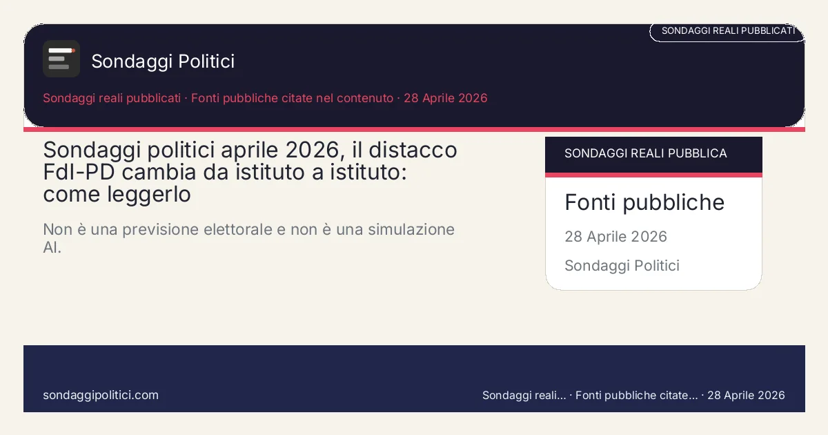 Card editoriale Fonti multiple Approfondimento editoriale basato su rilevazioni pubbliche.: Sondaggi politici aprile 2026, il distacco FdI-PD cambia da istituto a istituto: come leggerlo. Non è una previsione elettorale e non è una simulazione AI.. Dati attribuiti alle fonti citate nell'articolo.