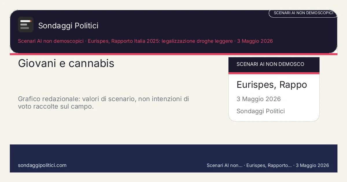 Card editoriale Eurispes, Rapporto Italia 2025: legalizzazione droghe leggere Il consenso generazionale è forte in alcune rilevazioni, ma non basta da solo a fare maggioranza nazionale.: Giovani e cannabis. Grafico redazionale: valori di scenario, non intenzioni di voto raccolte sul campo.. Contenuto editoriale informativo è di ricerca: non è un sondaggio reale né una rilevazione originale del sito.