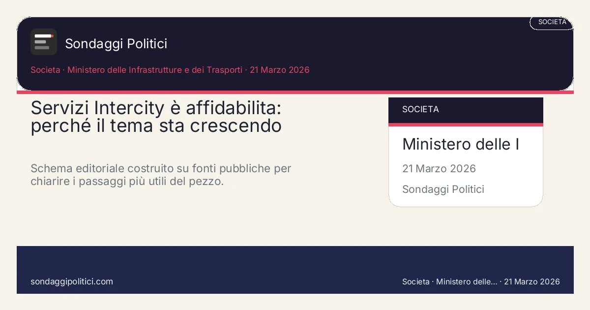 Card editoriale Ministero delle Infrastrutture e dei Trasporti I 4 punti chiave del pezzo: Servizi Intercity è affidabilita: perché il tema sta crescendo. Schema editoriale costruito su fonti pubbliche per chiarire i passaggi più utili del pezzo.. Analisi editoriale: questo visual non rappresenta una rilevazione campionaria del sito.