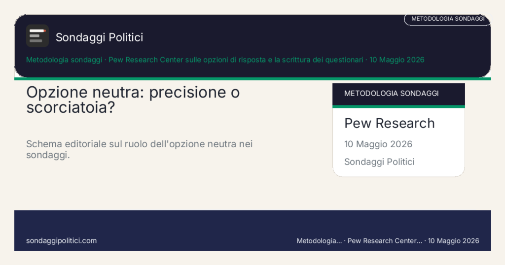 Card editoriale Pew Research Center sulle opzioni di risposta e la scrittura dei questionari Quattro controlli per capire come leggere la scala: Opzione neutra: precisione o scorciatoia?. Schema editoriale sul ruolo dell'opzione neutra nei sondaggi.. Guida metodologica: questo visual non mostra un nuovo sondaggio del sito, ma riassume come leggere meglio neutral option e non so.