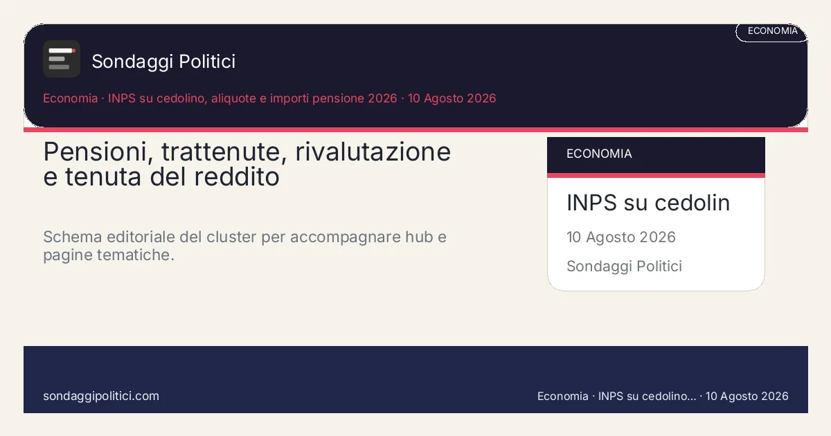 Card editoriale INPS su cedolino, aliquote e importi pensione 2026 Una pagina madre per tenere insieme cedolino, trattenute, rivalutazione e potere d'acquisto senza ridurre...: Pensioni, trattenute, rivalutazione e tenuta del reddito. Schema editoriale del cluster per accompagnare hub e pagine tematiche.. Contenuto pubblicabile come hub tematico editoriale. Non diffonde un nuovo sondaggio ma organizza un asse stabile di previdenza, t