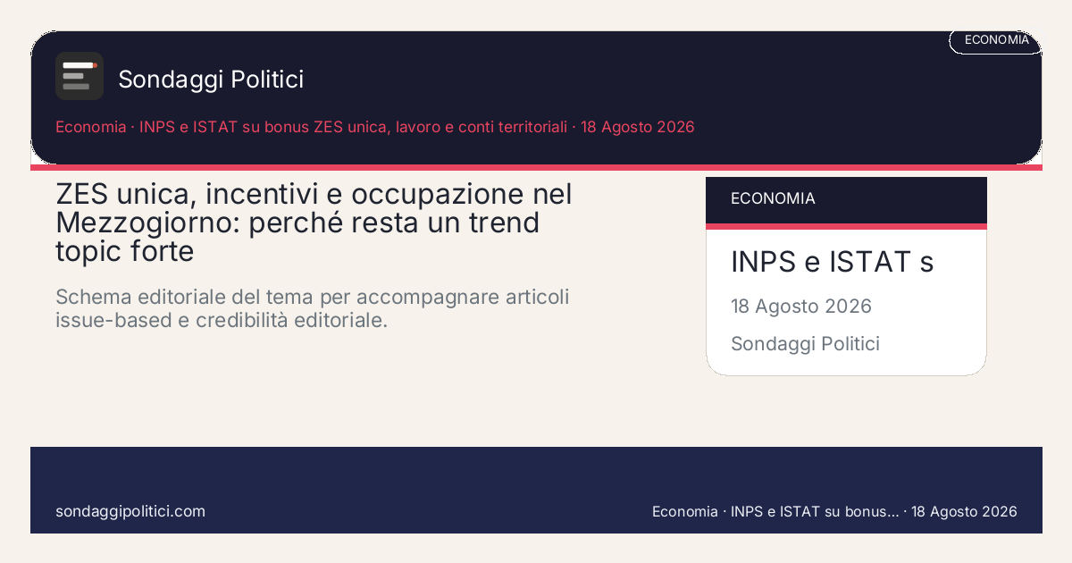 Card editoriale INPS e ISTAT su bonus ZES unica, lavoro e conti territoriali Una lettura chiara del rapporto tra bonus ZES unica, incentivi alle assunzioni e sviluppo: ZES unica, incentivi e occupazione nel Mezzogiorno: perché resta un trend topic forte. Schema editoriale del tema per accompagnare articoli issue-based e credibilità editoriale.. Contenuto editoriale di analisi e contesto. Non è un sondaggio reale. Testi, sintesi e visual possono essere assistiti con AI e po