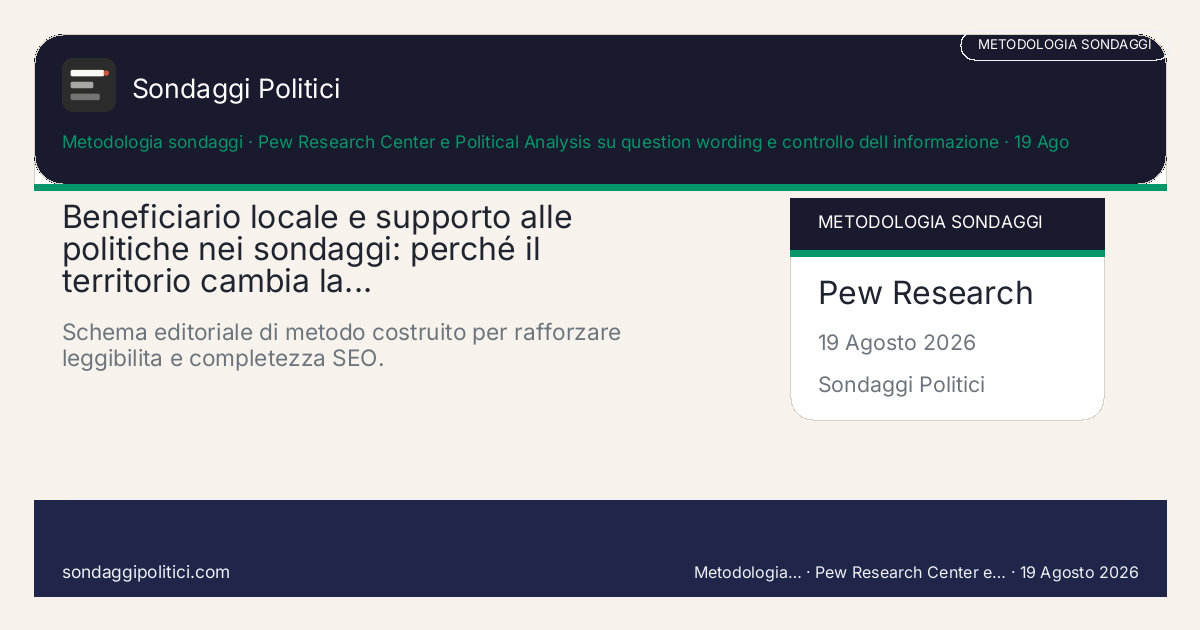 Card editoriale Pew Research Center e Political Analysis su question wording e controllo dell informazione Una guida chiara per capire come una policy cambia faccia quando il lettore la immagina vicina, lontana o...: Beneficiario locale e supporto alle politiche nei sondaggi: perché il territorio cambia la.... Schema editoriale di metodo costruito per rafforzare leggibilita e completezza SEO.. Guida metodologica editoriale. Non diffonde risultati di un sondaggio reale. Testi, sintesi e visual possono essere assistiti con AI e possono contenere errori: usare...