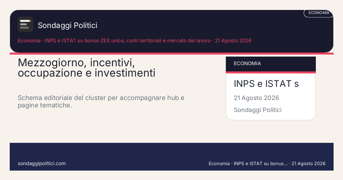Card editoriale INPS e ISTAT su bonus ZES unica, conti territoriali e mercato del lavoro Una pagina madre per tenere insieme bonus occupazionali, investimenti e dinamiche territoriali del...: Mezzogiorno, incentivi, occupazione e investimenti. Schema editoriale del cluster per accompagnare hub e pagine tematiche.. Contenuto pubblicabile come hub tematico editoriale. Non diffonde un nuovo sondaggio ma organizza un asse stabile su lavoro, inves