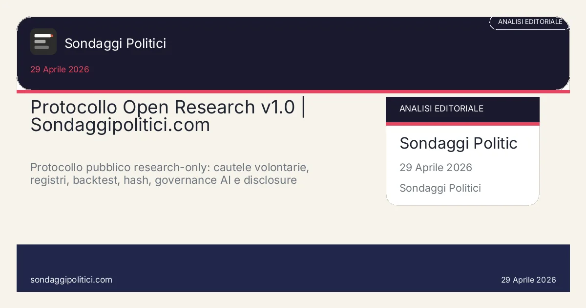 Card editoriale: Protocollo Open Research v1.0 | Sondaggipolitici.com. Protocollo pubblico research-only: cautele volontarie, registri, backtest, hash, governance AI e disclosure proporzionata.. Contenuto editoriale informativo è di ricerca: non è un sondaggio reale né una rilevazione originale del sito.