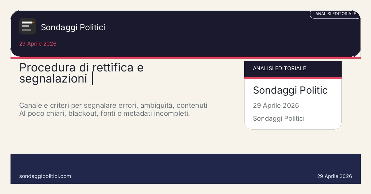 Card editoriale: Procedura di rettifica e segnalazioni | Sondaggipolitici.com. Canale e criteri per segnalare errori, ambiguità, contenuti AI poco chiari, blackout, fonti o metadati incompleti.. Contenuto editoriale informativo è di ricerca: non è un sondaggio reale né una rilevazione originale del sito.