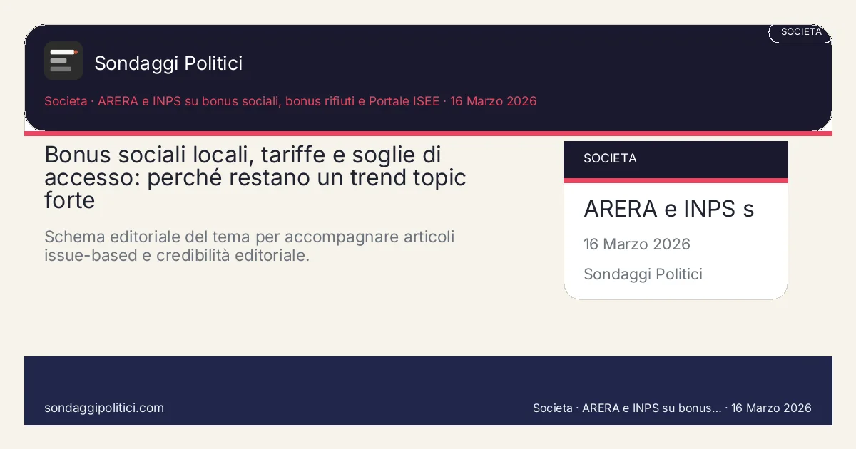 Card editoriale ARERA e INPS su bonus sociali, bonus rifiuti e Portale ISEE Una pagina di contesto per leggere insieme bonus sociali, tariffe dei servizi essenziali, ISEE e accesso...: Bonus sociali locali, tariffe e soglie di accesso: perché restano un trend topic forte. Schema editoriale del tema per accompagnare articoli issue-based e credibilità editoriale.. Contenuto editoriale di analisi e contesto. Non è un sondaggio reale. Testi, sintesi e visual possono essere assistiti con AI e possono contenere errori: usare il...