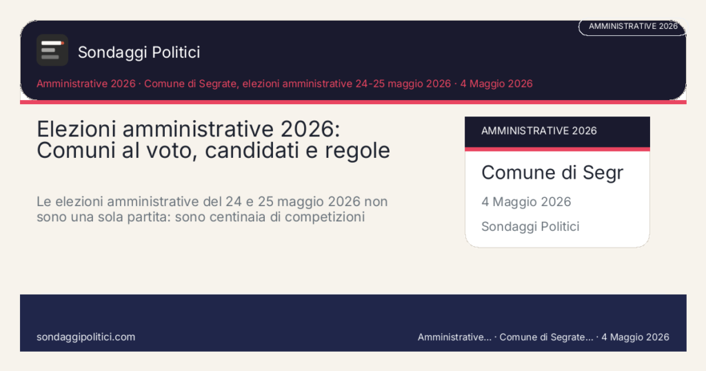 Card editoriale Comune di Segrate, elezioni amministrative 24-25 maggio 2026: Elezioni amministrative 2026: Comuni al voto, candidati e regole da. Le elezioni amministrative del 24 e 25 maggio 2026 non sono una sola partita: sono centinaia di competizioni locali, ognuna con candidati, liste, regole e. Contenuto editoriale informativo è di ricerca: non è un sondaggio reale né una rilevazione originale del sito.
