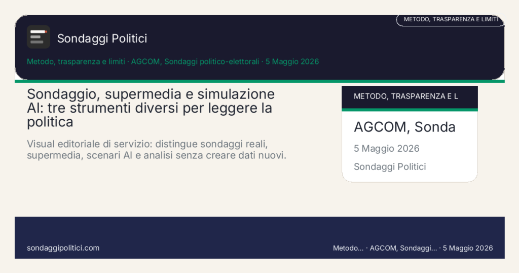 Card editoriale AGCOM, Sondaggi politico-elettorali Fonti, metodo e limiti di lettura: Sondaggio, supermedia e simulazione AI: tre strumenti diversi per leggere la politica. Visual editoriale di servizio: distingue sondaggi reali, supermedia, scenari AI e analisi senza creare dati nuovi.. Non è un sondaggio e non misura intenzioni di voto: la card aiuta a leggere correttamente strumenti diversi.
