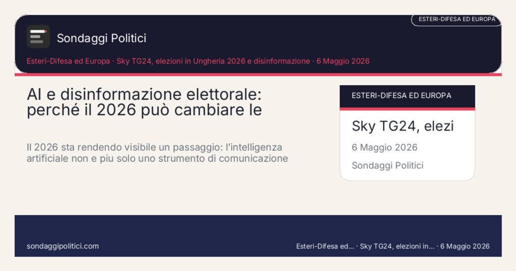 Card editoriale Sky TG24, elezioni in Ungheria 2026 e disinformazione: AI e disinformazione elettorale: perché il 2026 può cambiare le camp. Il 2026 sta rendendo visibile un passaggio: l’intelligenza artificiale non è più solo uno strumento di comunicazione politica, ma una variabile dell’ecosis. Contenuto editoriale informativo è di ricerca: non è un sondaggio reale né una rilevazione originale del sito.
