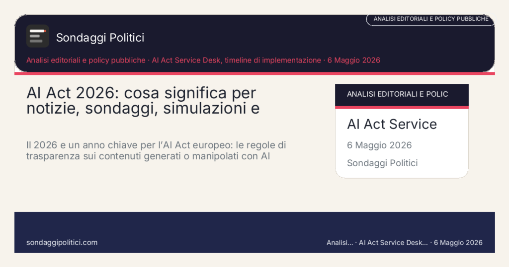 Card editoriale AI Act Service Desk, timeline di implementazione: AI Act 2026: cosa significa per notizie, sondaggi, simulazioni e con. Il 2026 e un anno chiave per l’AI Act europeo: le regole di trasparenza sui contenuti generati o manipolati con AI diventano parte del modo in cui media, p. Contenuto editoriale informativo è di ricerca: non è un sondaggio reale né una rilevazione originale del sito.