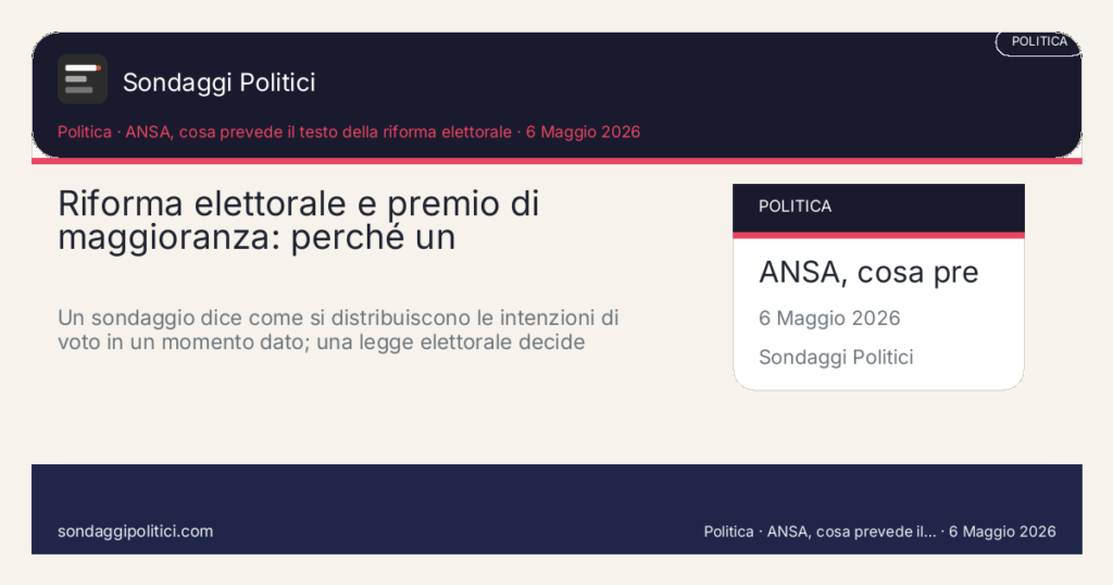 Card editoriale ANSA, cosa prevede il testo della riforma elettorale: Riforma elettorale e premio di maggioranza: perché un sondaggio non. Un sondaggio dice come si distribuiscono le intenzioni di voto in un momento dato; una legge elettorale decide come quei voti possono diventare seggi. Conf. Contenuto editoriale informativo è di ricerca: non è un sondaggio reale né una rilevazione originale del sito.