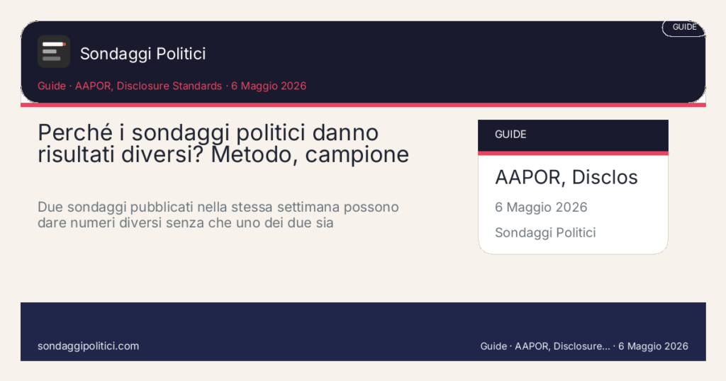 Card editoriale AAPOR, Disclosure Standards: Perché i sondaggi politici danno risultati diversi? Metodo, campione. Due sondaggi pubblicati nella stessa settimana possono dare numeri diversi senza che uno dei due sia necessariamente falso. La differenza spesso nasce da m. Contenuto editoriale informativo è di ricerca: non è un sondaggio reale né una rilevazione originale del sito.