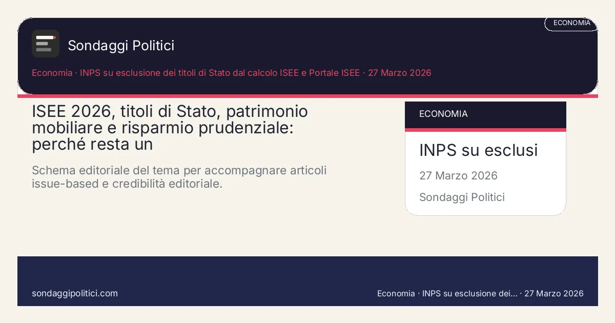 Card editoriale INPS su esclusione dei titoli di Stato dal calcolo ISEE e Portale ISEE Una lettura chiara del rapporto tra esclusione dei titoli di Stato dal calcolo ISEE, platea dei benefici e...: ISEE 2026, titoli di Stato, patrimonio mobiliare e risparmio prudenziale: perché resta un. Schema editoriale del tema per accompagnare articoli issue-based e credibilità editoriale.. Contenuto editoriale di analisi e contesto. Non è un sondaggio reale. Testi, sintesi e visual possono essere assistiti con AI e po