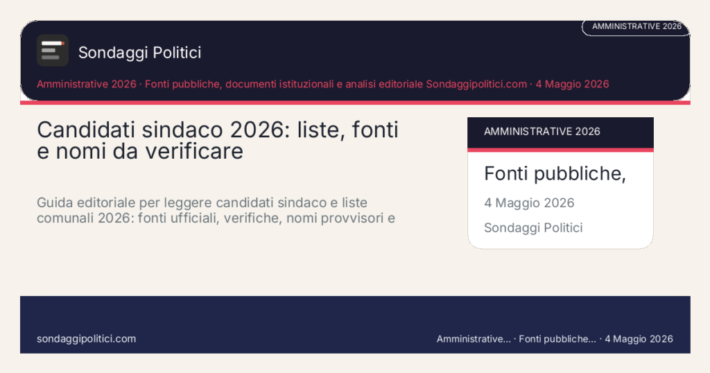 Card editoriale Fonti pubbliche, documenti istituzionali e analisi editoriale Sondaggipolitici.com: Candidati sindaco 2026: liste, fonti e nomi da verificare. Guida editoriale per leggere candidati sindaco e liste comunali 2026: fonti ufficiali, verifiche, nomi provvisori e differenza tra scenario e candidatura.. Contenuto editoriale informativo è di ricerca: non è un sondaggio reale né una rilevazione originale del sito.
