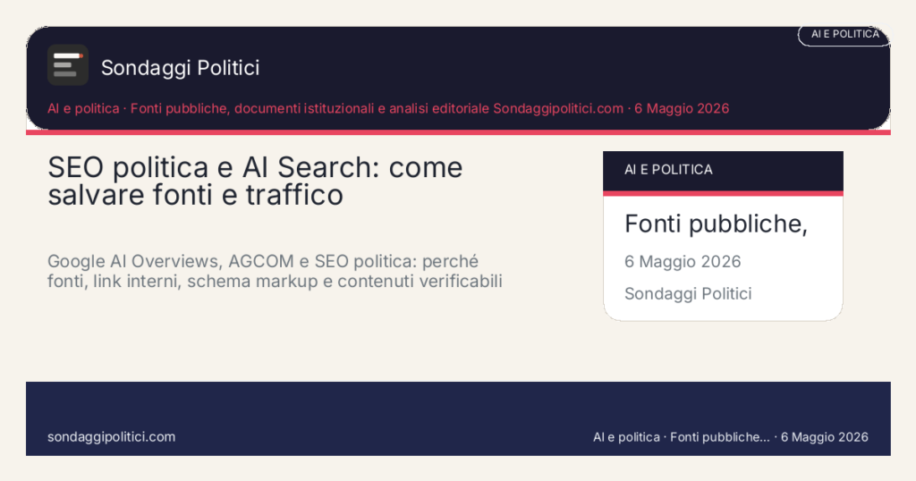 Card editoriale Fonti pubbliche, documenti istituzionali e analisi editoriale Sondaggipolitici.com: SEO politica e AI Search: come salvare fonti e traffico. Google AI Overviews, AGCOM e SEO politica: perché fonti, link interni, schema markup e contenuti verificabili diventano decisivi per siti di sondaggi e analisi.. Contenuto editoriale informativo è di ricerca: non è un sondaggio reale né una rilevazione originale del sito.