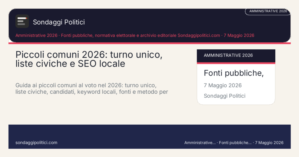 Card editoriale Fonti pubbliche, normativa elettorale e archivio editoriale Sondaggipolitici.com: Piccoli comuni 2026: turno unico, liste civiche e SEO locale. Guida ai piccoli comuni al voto nel 2026: turno unico, liste civiche, candidati, keyword locali, fonti e metodo per costruire pagine utili e indicizzabili.. Contenuto editoriale informativo è di ricerca: non è un sondaggio reale né una rilevazione originale del sito.
