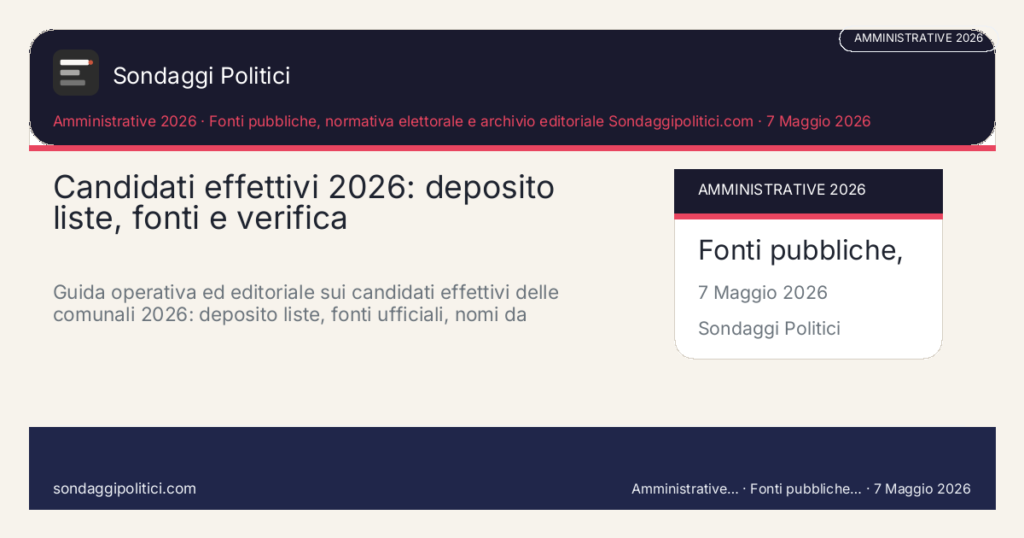 Card editoriale Fonti pubbliche, normativa elettorale e archivio editoriale Sondaggipolitici.com: Candidati effettivi 2026: deposito liste, fonti e verifica. Guida operativa ed editoriale sui candidati effettivi delle comunali 2026: deposito liste, fonti ufficiali, nomi da verificare, SEO locale e aggiornamenti prude. Contenuto editoriale informativo è di ricerca: non è un sondaggio reale né una rilevazione originale del sito.
