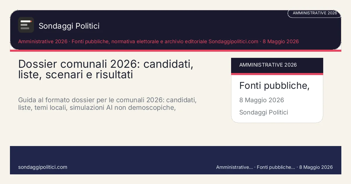 Card editoriale Fonti pubbliche, normativa elettorale e archivio editoriale Sondaggipolitici.com: Dossier comunali 2026: candidati, liste, scenari e risultati. Guida al formato dossier per le comunali 2026: candidati, liste, temi locali, simulazioni AI non demoscopiche, risultati, affluenza e link interni.. Contenuto editoriale informativo è di ricerca: non è un sondaggio reale né una rilevazione originale del sito.