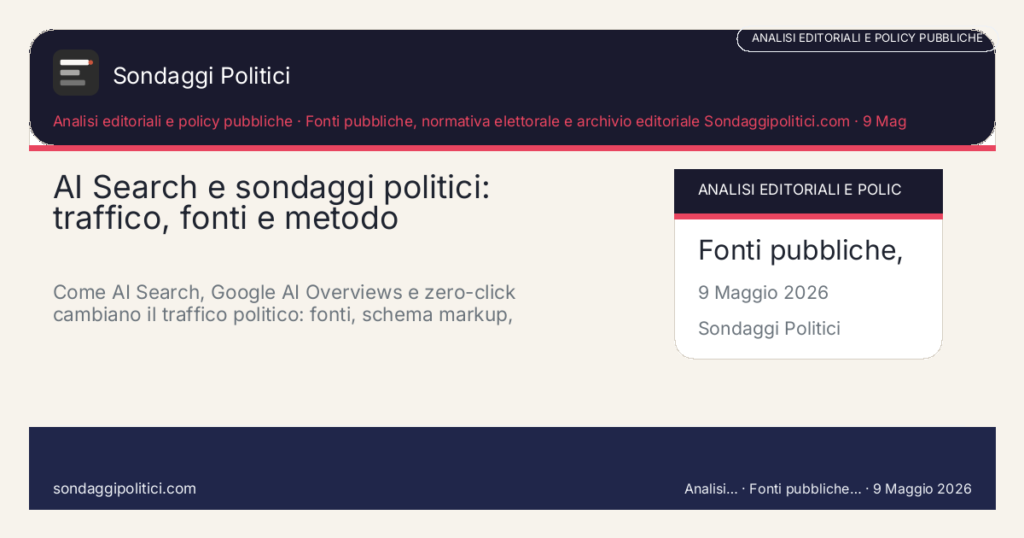Card editoriale Fonti pubbliche, normativa elettorale e archivio editoriale Sondaggipolitici.com: AI Search e sondaggi politici: traffico, fonti e metodo. Come AI Search, Google AI Overviews e zero-click cambiano il traffico politico: fonti, schema markup, metodo, link interni e valore del progetto.. Contenuto editoriale informativo è di ricerca: non è un sondaggio reale né una rilevazione originale del sito.