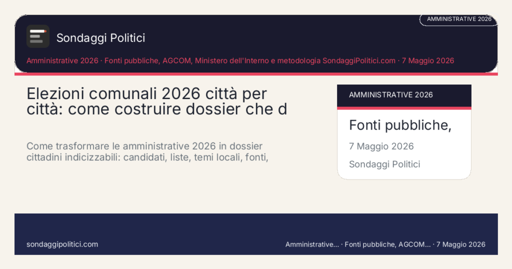 Card editoriale Fonti pubbliche, AGCOM, Ministero dell'Interno e metodologia SondaggiPolitici.com: Elezioni comunali 2026 città per città: come costruire dossier che d. Come trasformare le amministrative 2026 in dossier cittadini indicizzabili: candidati, liste, temi locali, fonti, ballottaggio, risultati e metodo.. Contenuto editoriale informativo è di ricerca: non è un sondaggio reale né una rilevazione originale del sito.