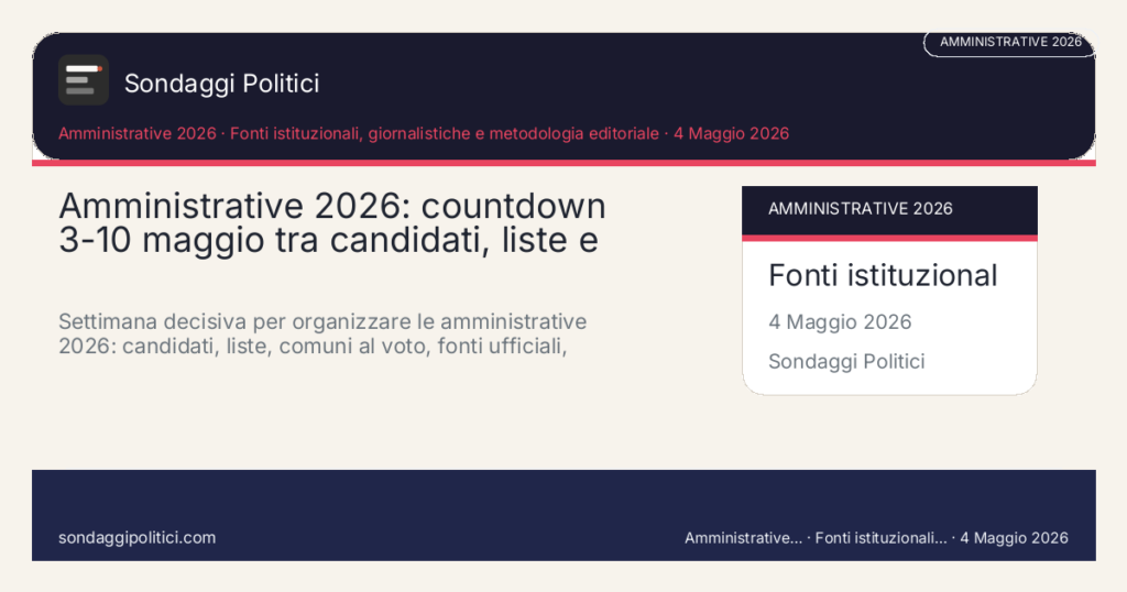 Card editoriale Fonti istituzionali, giornalistiche e metodologia editoriale: Amministrative 2026: countdown 3-10 maggio tra candidati, liste e co. Settimana decisiva per organizzare le amministrative 2026: candidati, liste, comuni al voto, fonti ufficiali, ballottaggi e dossier locali.. Contenuto editoriale informativo è di ricerca: non è un sondaggio reale né una rilevazione originale del sito.