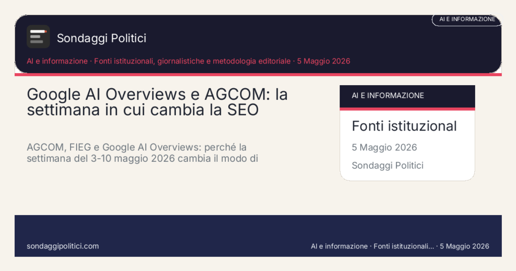 Card editoriale Fonti istituzionali, giornalistiche e metodologia editoriale: Google AI Overviews e AGCOM: la settimana in cui cambia la SEO polit. AGCOM, FIEG e Google AI Overviews: perché la settimana del 3-10 maggio 2026 cambia il modo di scrivere SEO politica, fonti e sondaggi.. Contenuto editoriale informativo è di ricerca: non è un sondaggio reale né una rilevazione originale del sito.