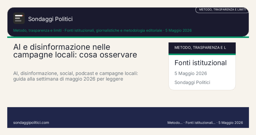 Card editoriale Fonti istituzionali, giornalistiche e metodologia editoriale: AI e disinformazione nelle campagne locali: cosa osservare questa se. AI, disinformazione, social, podcast e campagne locali: guida alla settimana di maggio 2026 per leggere contenuti politici senza confonderli con sondaggi.. Contenuto editoriale informativo è di ricerca: non è un sondaggio reale né una rilevazione originale del sito.
