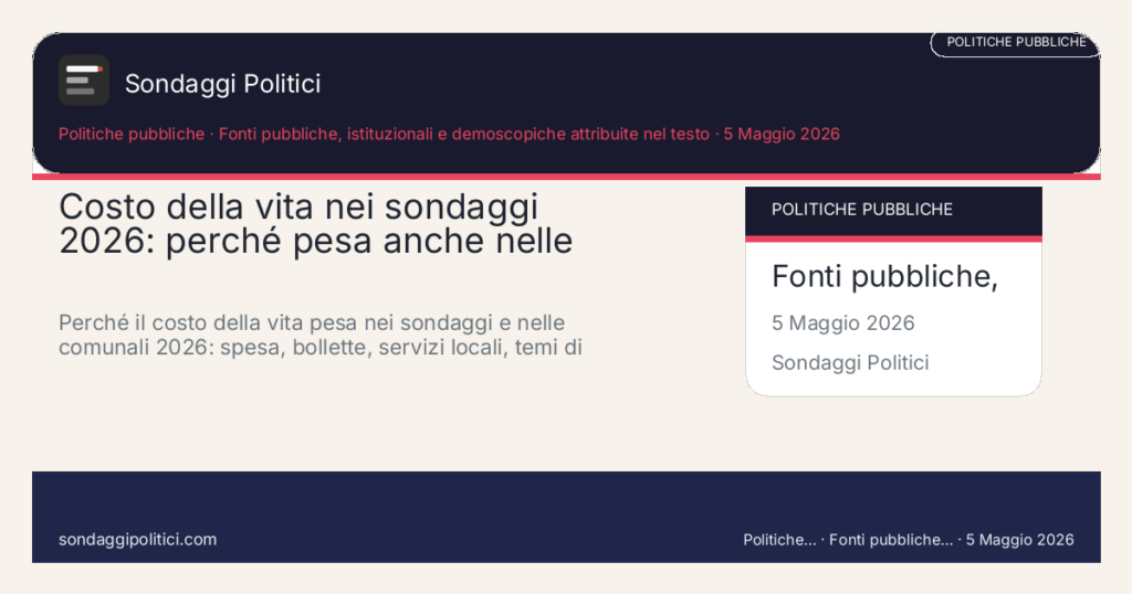 Card editoriale Fonti pubbliche, istituzionali e demoscopiche attribuite nel testo: Costo della vita nei sondaggi 2026: perché pesa anche nelle comunali. Perché il costo della vita pesa nei sondaggi e nelle comunali 2026: spesa, bollette, servizi locali, temi di campagna e limiti di lettura.. Contenuto editoriale informativo è di ricerca: non è un sondaggio reale né una rilevazione originale del sito.