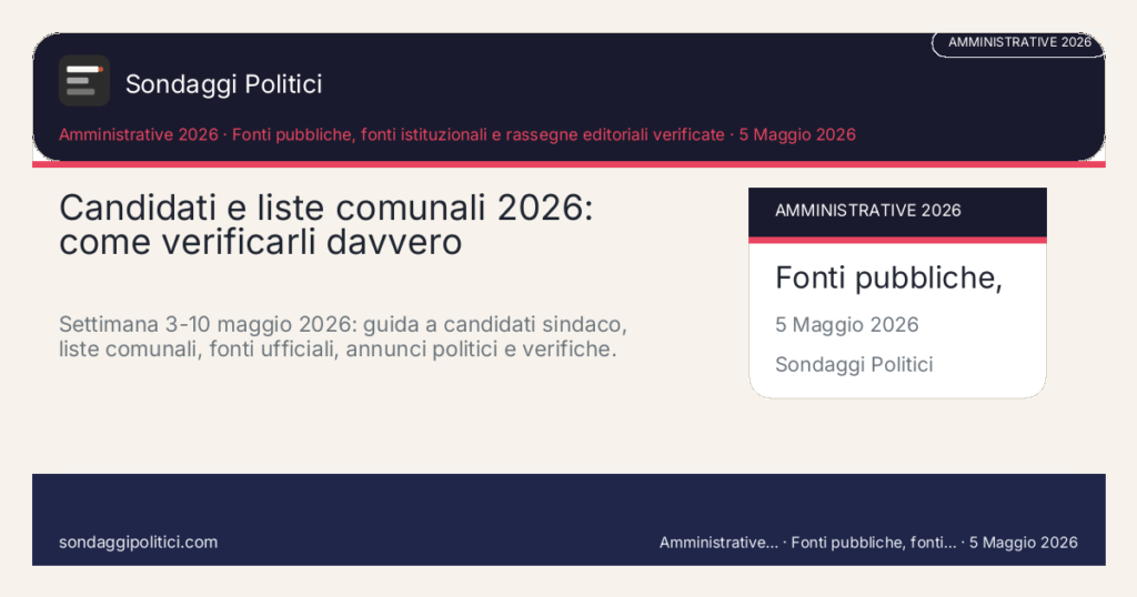Card editoriale Fonti pubbliche, fonti istituzionali e rassegne editoriali verificate: Candidati e liste comunali 2026: come verificarli davvero. Settimana 3-10 maggio 2026: guida a candidati sindaco, liste comunali, fonti ufficiali, annunci politici e verifiche.. Contenuto editoriale informativo è di ricerca: non è un sondaggio reale né una rilevazione originale del sito.