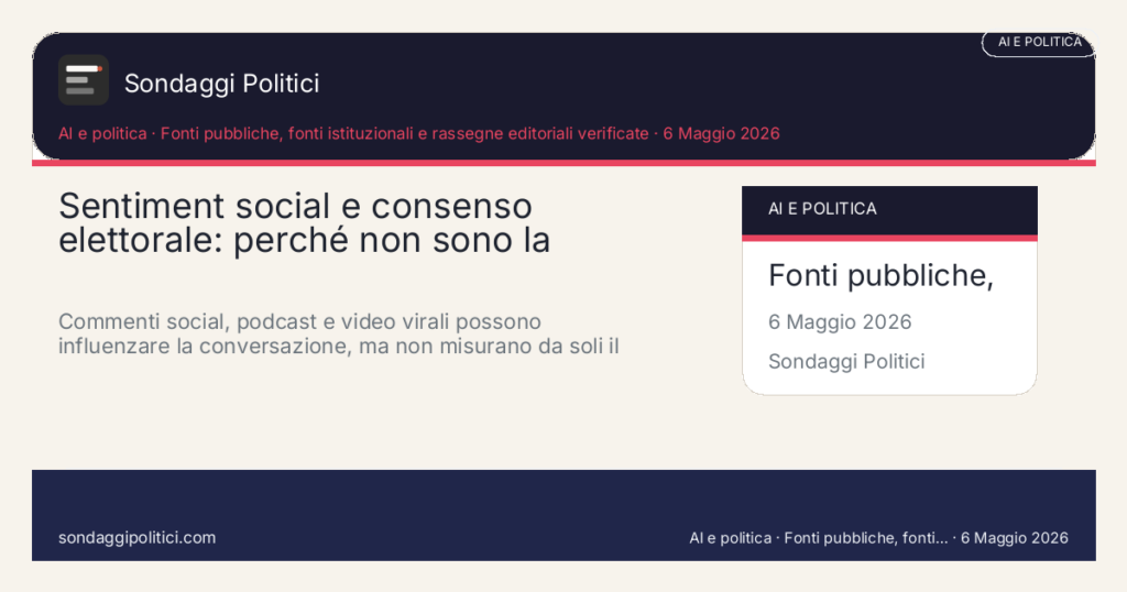 Card editoriale Fonti pubbliche, fonti istituzionali e rassegne editoriali verificate: Sentiment social e consenso elettorale: perché non sono la stessa cosa. Commenti social, podcast e video virali possono influenzare la conversazione, ma non misurano da soli il consenso elettorale.. Contenuto editoriale informativo è di ricerca: non è un sondaggio reale né una rilevazione originale del sito.