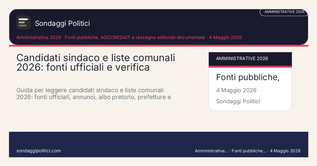 Card editoriale Fonti pubbliche, AGCOM/DAIT e rassegne editoriali documentate: Candidati sindaco e liste comunali 2026: fonti ufficiali e verifica. Guida per leggere candidati sindaco e liste comunali 2026: fonti ufficiali, annunci, albo pretorio, prefetture e aggiornamenti locali.. Contenuto editoriale informativo è di ricerca: non è un sondaggio reale né una rilevazione originale del sito.