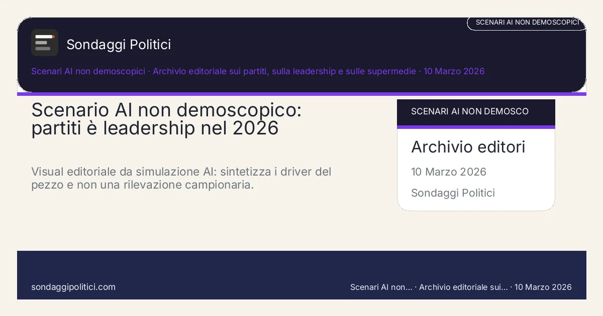 Card scenario AI non demoscopico Archivio editoriale sui partiti, sulla leadership e sulle supermedie Scenari e nodi politici del pezzo: Scenario AI non demoscopico: partiti è leadership nel 2026. Visual editoriale da simulazione AI: sintetizza i driver del pezzo e non una rilevazione campionaria.. Non è un sondaggio: nessuna intervista, nessun campione umano contattato, solo scenario dichiarato.