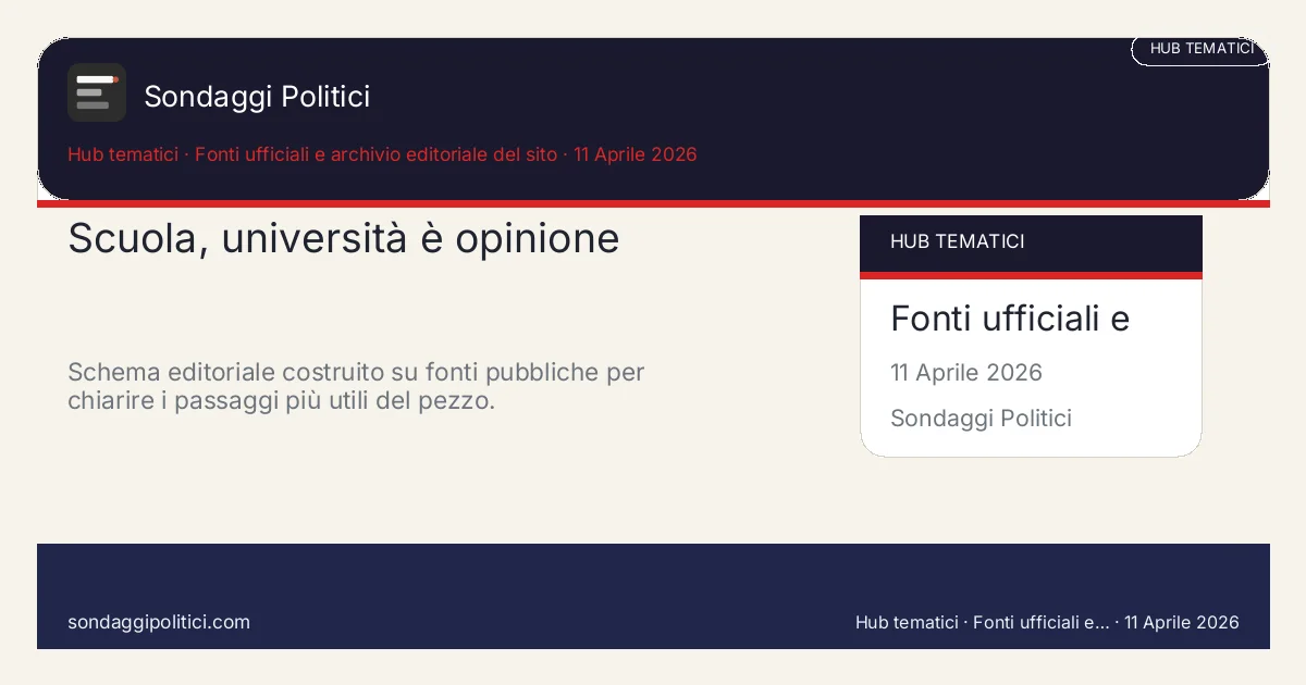 Card editoriale Fonti ufficiali e archivio editoriale del sito I 4 punti chiave del pezzo: Scuola, università è opinione. Schema editoriale costruito su fonti pubbliche per chiarire i passaggi più utili del pezzo.. Analisi editoriale: questo visual non rappresenta una rilevazione campionaria del sito.