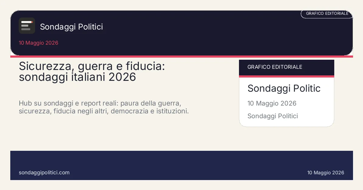 Card editoriale: Sicurezza, guerra e fiducia: sondaggi italiani 2026. Hub su sondaggi e report reali: paura della guerra, sicurezza, fiducia negli altri, democrazia e istituzioni.